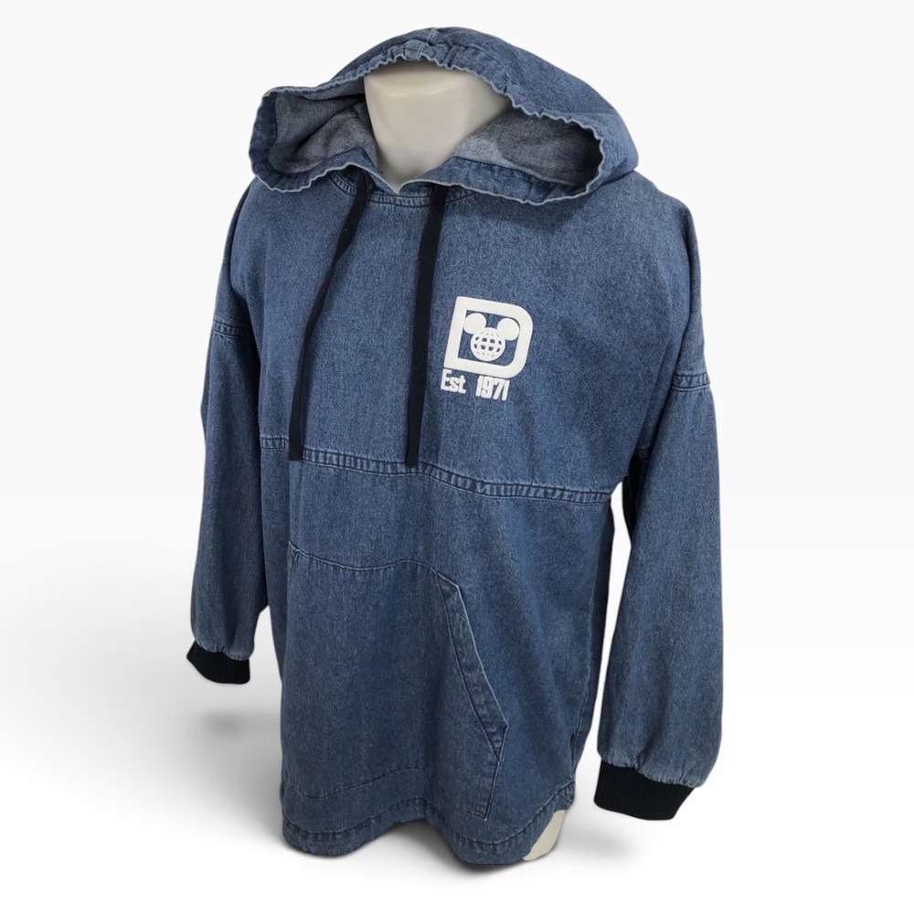 Walt Disney World Denim Spirit Jersey Hoodie Blue Medium Wash Est 1971 Mickey